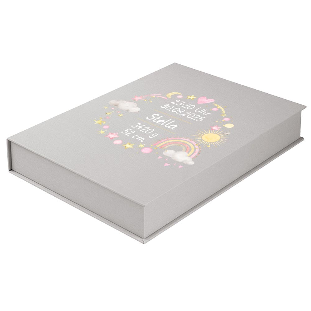 Personalisierte Baby Erinnerungsbox, Regenbogen Design mit Sternen, 33x24cm, Geburtsgeschenk mit Name und Geburtsdaten Kranz