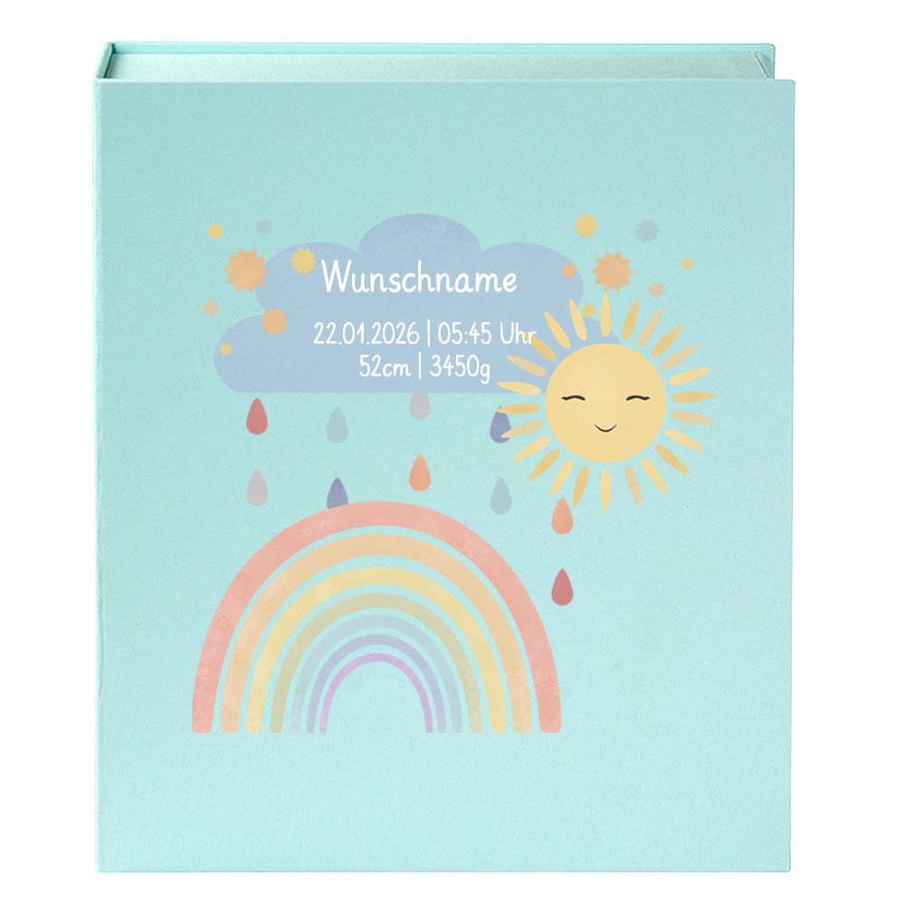 Personalisierte Baby Erinnerungsbox, Regenbogen mit Sonne, 33x24cm, Geburtsgeschenk mit Name und Geburtsdaten