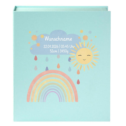 Personalisierte Baby Erinnerungsbox, Regenbogen mit Sonne, 33x24cm, Geburtsgeschenk mit Name und Geburtsdaten