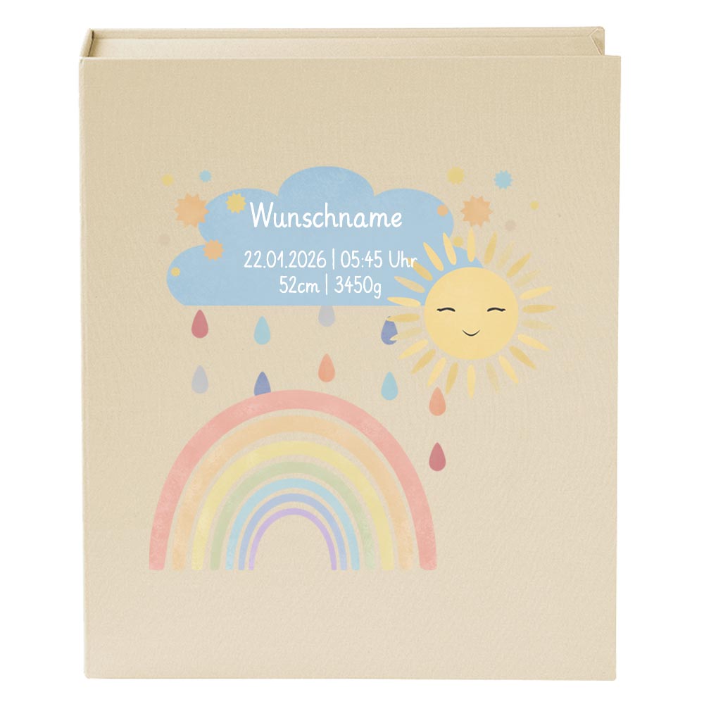 Personalisierte Baby Erinnerungsbox, Regenbogen mit Sonne, 33x24cm, Geburtsgeschenk mit Name und Geburtsdaten