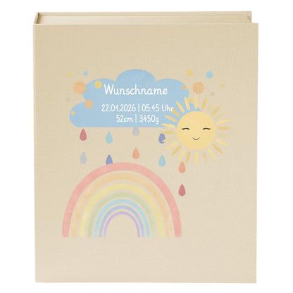 Personalisierte Baby Erinnerungsbox, Regenbogen mit Sonne, 33x24cm, Geburtsgeschenk mit Name und Geburtsdaten