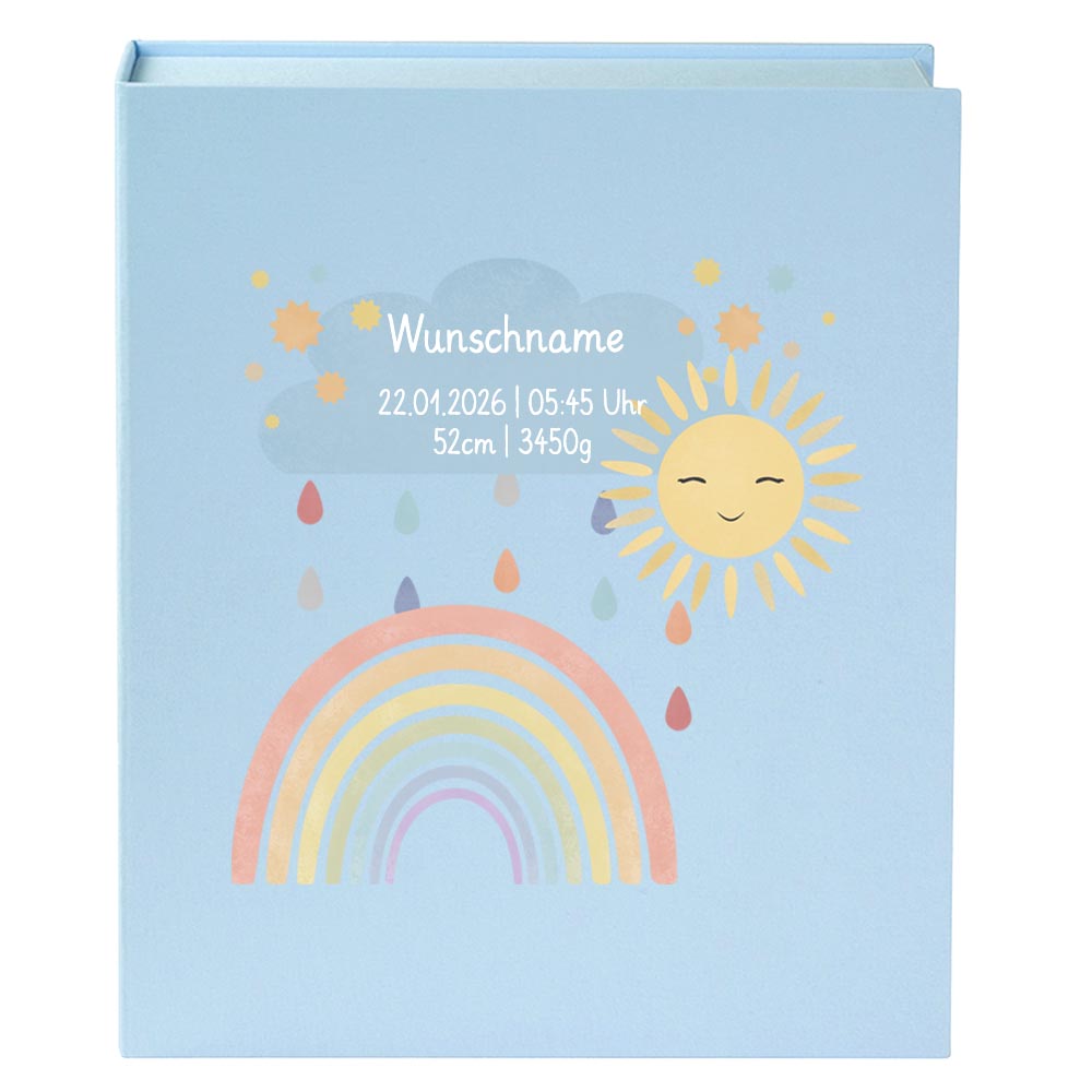 Personalisierte Baby Erinnerungsbox, Regenbogen mit Sonne, 33x24cm, Geburtsgeschenk mit Name und Geburtsdaten