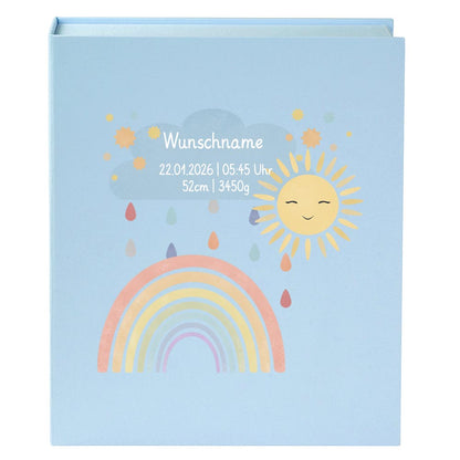 Personalisierte Baby Erinnerungsbox, Regenbogen mit Sonne, 33x24cm, Geburtsgeschenk mit Name und Geburtsdaten