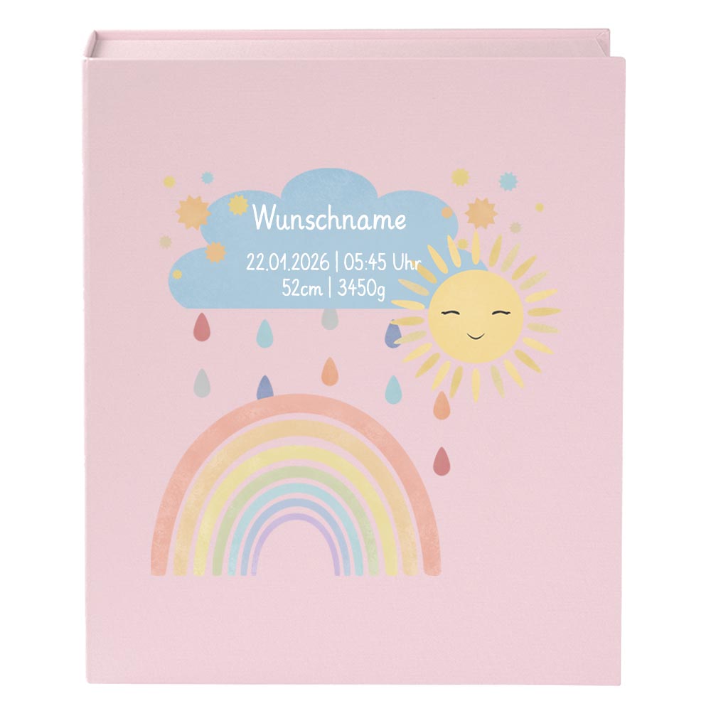 Personalisierte Baby Erinnerungsbox, Regenbogen mit Sonne, 33x24cm, Geburtsgeschenk mit Name und Geburtsdaten