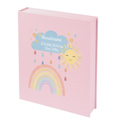 Personalisierte Baby Erinnerungsbox, Regenbogen mit Sonne, 33x24cm, Geburtsgeschenk mit Name und Geburtsdaten