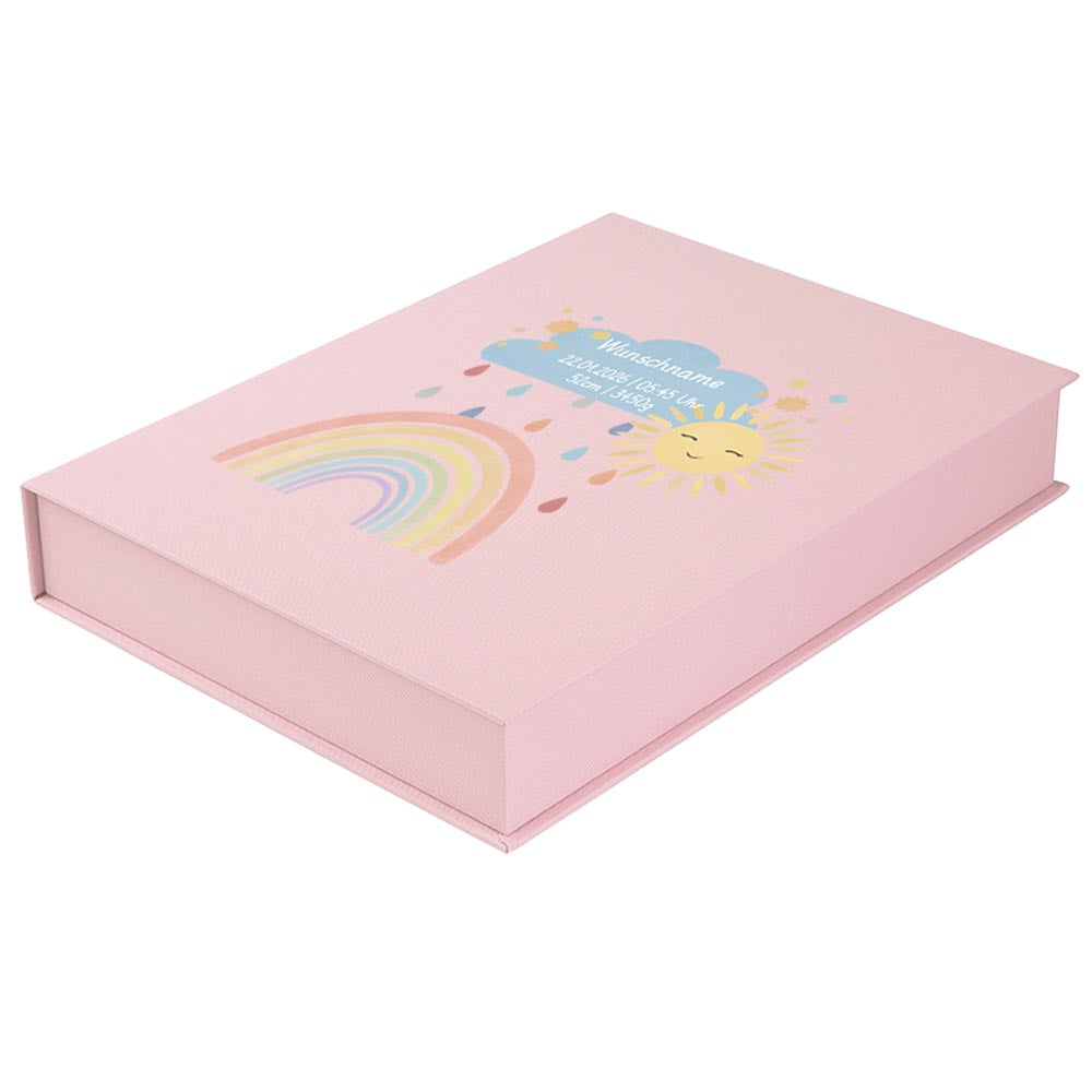 Personalisierte Baby Erinnerungsbox, Regenbogen mit Sonne, 33x24cm, Geburtsgeschenk mit Name und Geburtsdaten