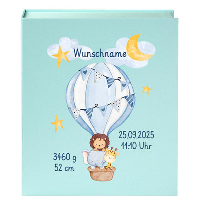Personalisierte Baby Erinnerungsbox, Heißluftballon Design mit Löwe, 33x24cm, Geburtsgeschenk mit Name und Geburtsdaten Ballon