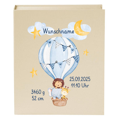 Personalisierte Baby Erinnerungsbox, Heißluftballon Design mit Löwe, 33x24cm, Geburtsgeschenk mit Name und Geburtsdaten Ballon