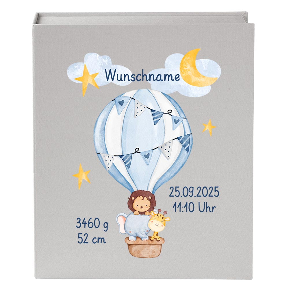 Personalisierte Baby Erinnerungsbox, Heißluftballon Design mit Löwe, 33x24cm, Geburtsgeschenk mit Name und Geburtsdaten Ballon