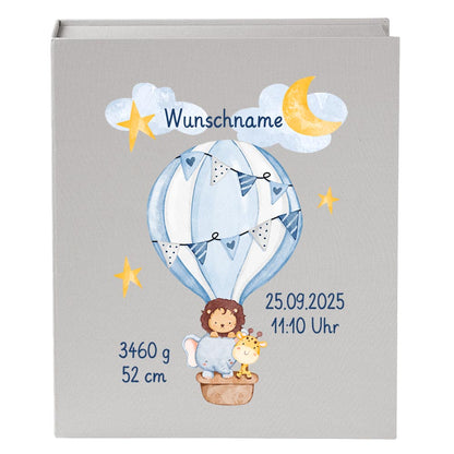 Personalisierte Baby Erinnerungsbox, Heißluftballon Design mit Löwe, 33x24cm, Geburtsgeschenk mit Name und Geburtsdaten Ballon