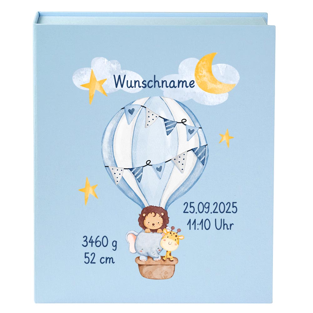 Personalisierte Baby Erinnerungsbox, Heißluftballon Design mit Löwe, 33x24cm, Geburtsgeschenk mit Name und Geburtsdaten Ballon