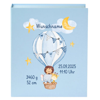 Personalisierte Baby Erinnerungsbox, Heißluftballon Design mit Löwe, 33x24cm, Geburtsgeschenk mit Name und Geburtsdaten Ballon