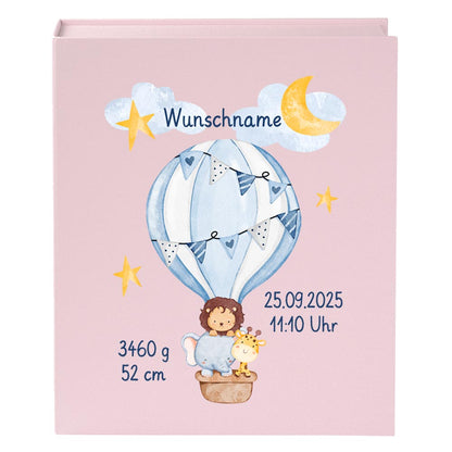 Personalisierte Baby Erinnerungsbox, Heißluftballon Design mit Löwe, 33x24cm, Geburtsgeschenk mit Name und Geburtsdaten Ballon