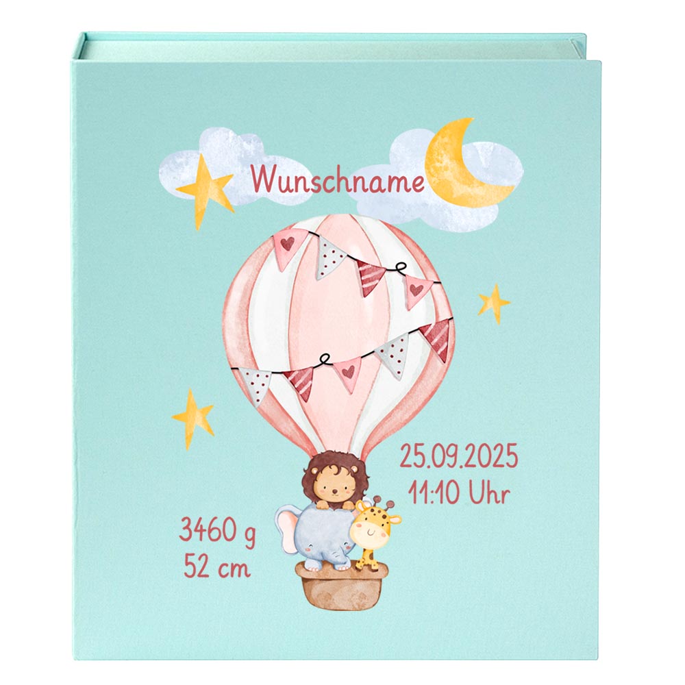 Personalisierte Baby Erinnerungsbox, Heißluftballon Design mit Löwe, 33x24cm, Geburtsgeschenk mit Name und Geburtsdaten Ballon
