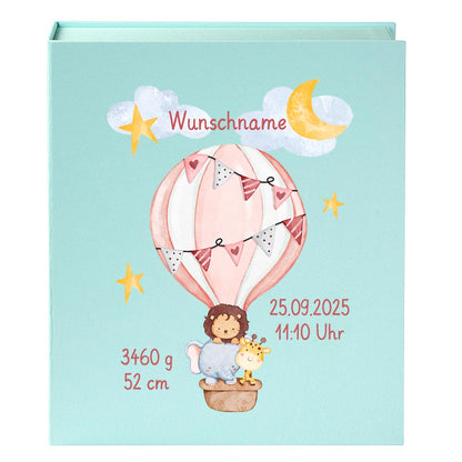 Personalisierte Baby Erinnerungsbox, Heißluftballon Design mit Löwe, 33x24cm, Geburtsgeschenk mit Name und Geburtsdaten Ballon