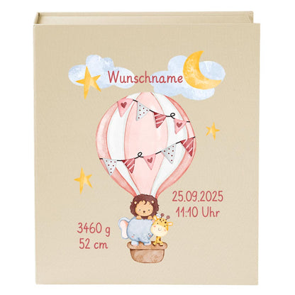 Personalisierte Baby Erinnerungsbox, Heißluftballon Design mit Löwe, 33x24cm, Geburtsgeschenk mit Name und Geburtsdaten Ballon
