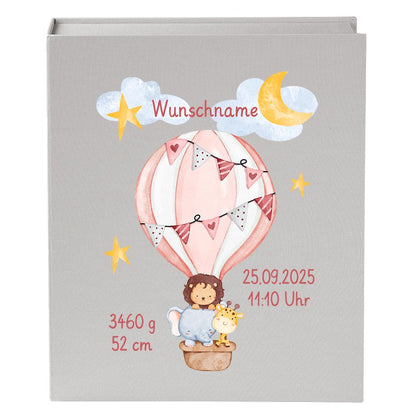Personalisierte Baby Erinnerungsbox, Heißluftballon Design mit Löwe, 33x24cm, Geburtsgeschenk mit Name und Geburtsdaten Ballon