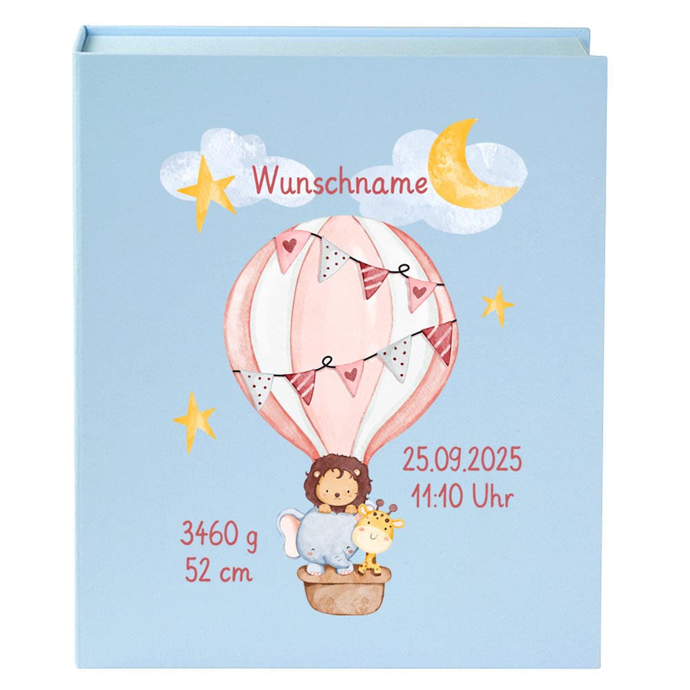 Personalisierte Baby Erinnerungsbox, Heißluftballon Design mit Löwe, 33x24cm, Geburtsgeschenk mit Name und Geburtsdaten Ballon
