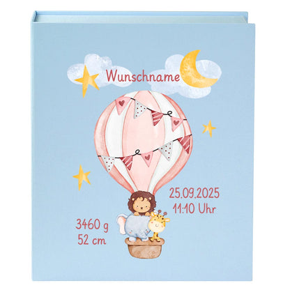 Personalisierte Baby Erinnerungsbox, Heißluftballon Design mit Löwe, 33x24cm, Geburtsgeschenk mit Name und Geburtsdaten Ballon
