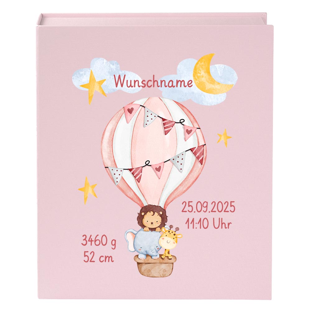Personalisierte Baby Erinnerungsbox, Heißluftballon Design mit Löwe, 33x24cm, Geburtsgeschenk mit Name und Geburtsdaten Ballon