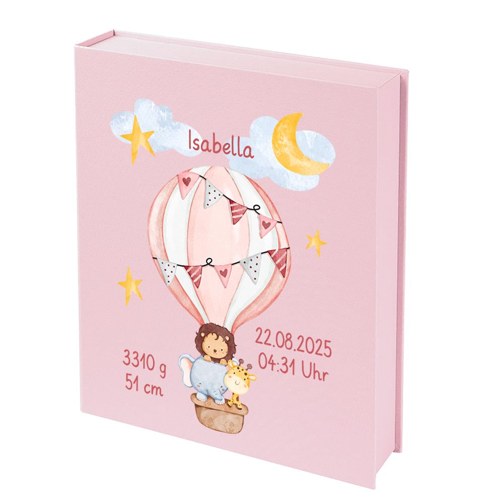 Personalisierte Baby Erinnerungsbox, Heißluftballon Design mit Löwe, 33x24cm, Geburtsgeschenk mit Name und Geburtsdaten Ballon