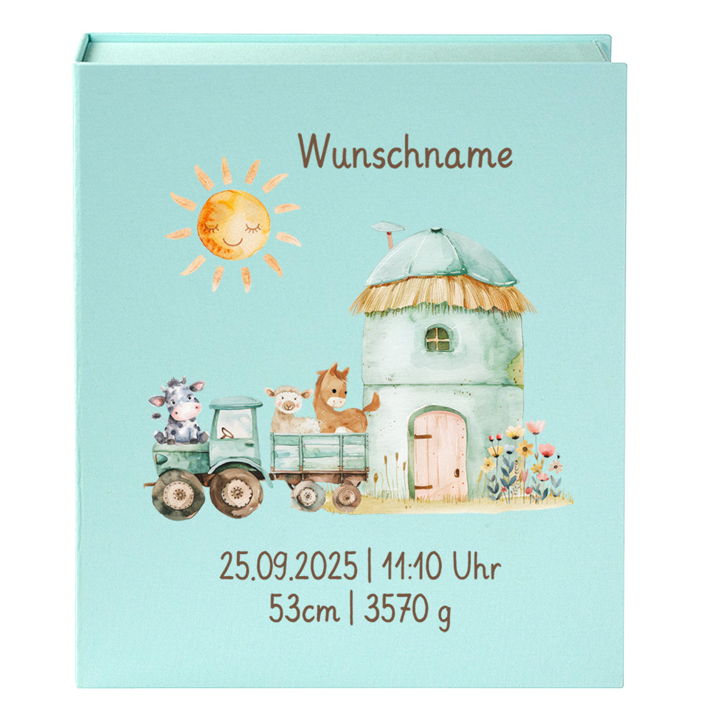Personalisierte Baby Erinnerungsbox, Bauernhof Design mit Traktor, 33x24cm, Geburtsgeschenk mit Name und Geburtsdaten