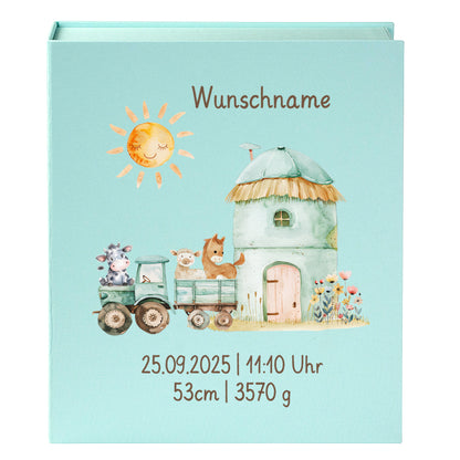 Personalisierte Baby Erinnerungsbox, Bauernhof Design mit Traktor, 33x24cm, Geburtsgeschenk mit Name und Geburtsdaten