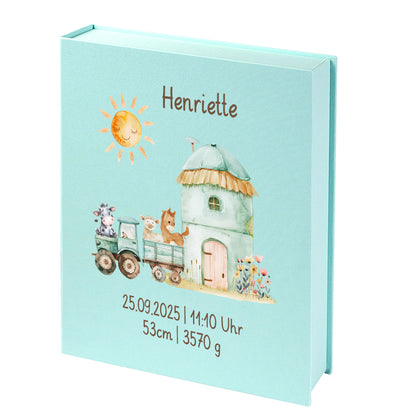 Personalisierte Baby Erinnerungsbox, Bauernhof Design mit Traktor, 33x24cm, Geburtsgeschenk mit Name und Geburtsdaten