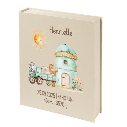 Personalisierte Baby Erinnerungsbox, Bauernhof Design mit Traktor, 33x24cm, Geburtsgeschenk mit Name und Geburtsdaten