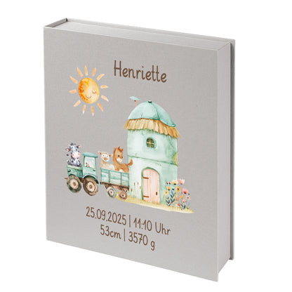 Personalisierte Baby Erinnerungsbox, Bauernhof Design mit Traktor, 33x24cm, Geburtsgeschenk mit Name und Geburtsdaten