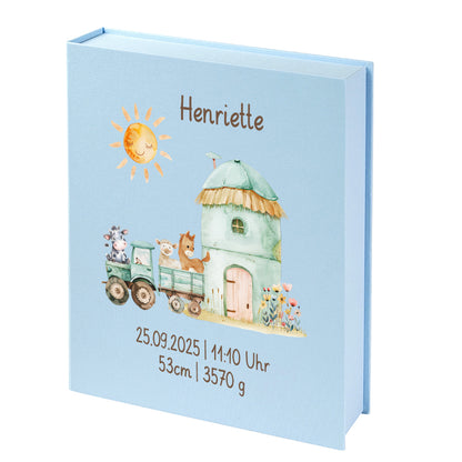 Personalisierte Baby Erinnerungsbox, Bauernhof Design mit Traktor, 33x24cm, Geburtsgeschenk mit Name und Geburtsdaten