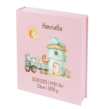 Personalisierte Baby Erinnerungsbox, Bauernhof Design mit Traktor, 33x24cm, Geburtsgeschenk mit Name und Geburtsdaten
