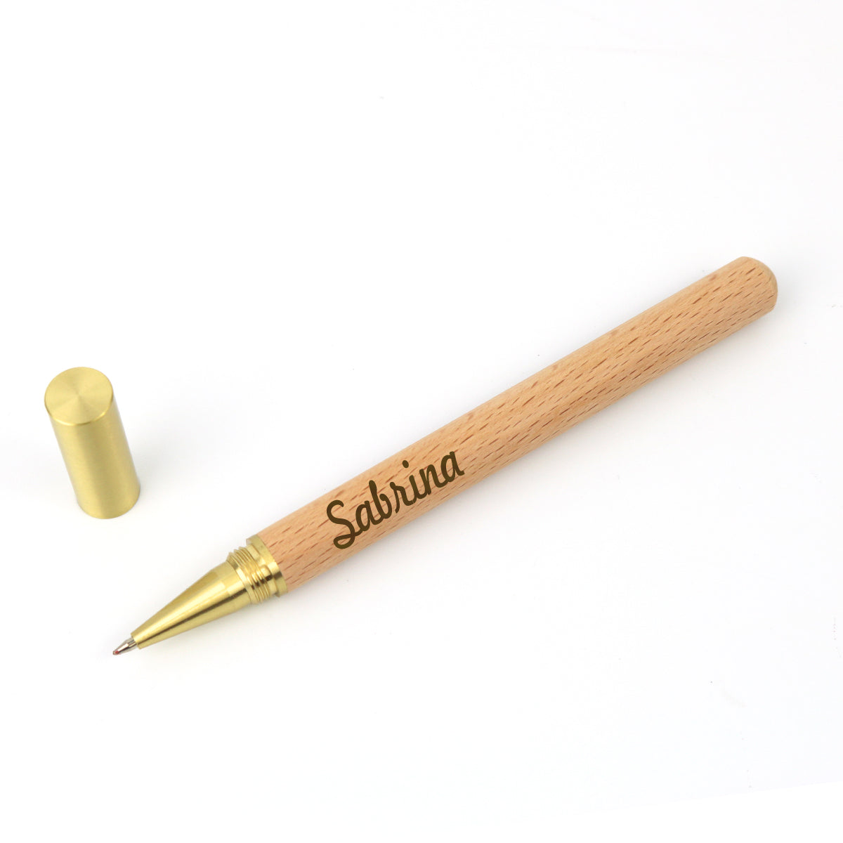 Personalisierter Kugelschreiber Holzkugelschreiber mit Gravur mit Messingkappe Ihr Name oder Text graviert als Geschenk Buchenholz, Zylindrisch