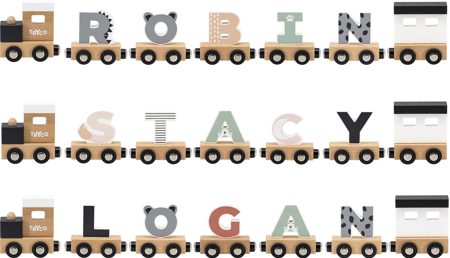 Buchstabenzug Namenszug Holzeisenbahn magnetisch Holzbuchstaben Wunschname zusammenstellen bunt