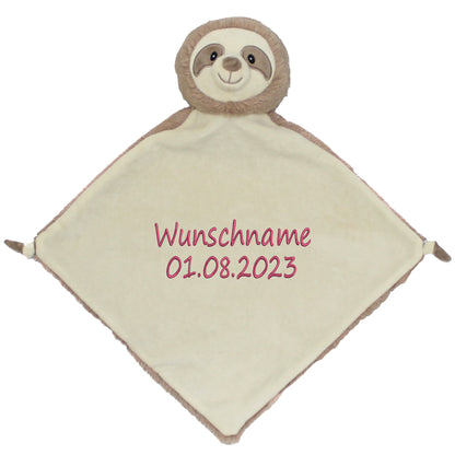 Personalisiertes Schnuffeltuch weiches Kuscheltuch mit Name Bestickt Schnuffeltier Schlafhilfe Tröster Geschenk zur Geburt Faultier