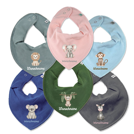 Personalisiertes HALSTUCH für Baby oder Kind aus Baumwolle in Einheitsgröße mit Motiv Dschungeltiere und Wunschname bedruckt