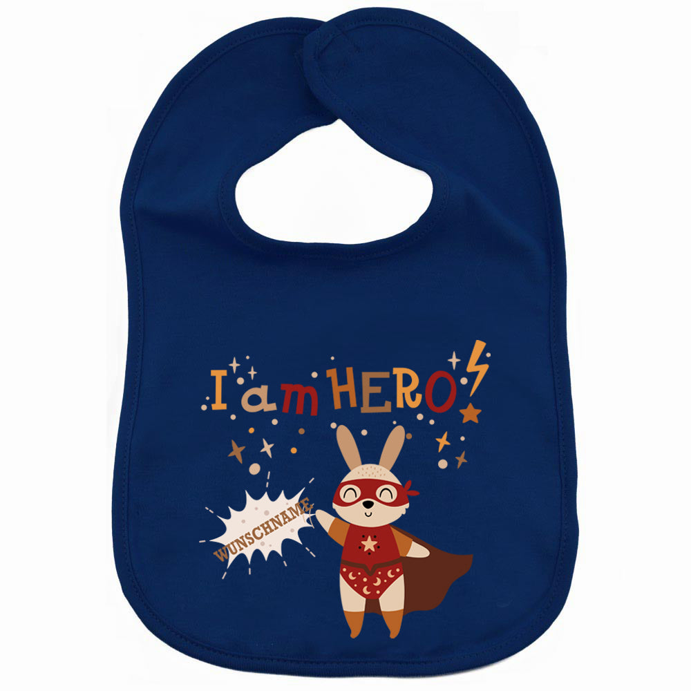 Personalisiertes Lätzchen aus 100% Baumwolle Babylätzchen doppellagiger weicher Stoff 38cm lang Motiv Hero Hase