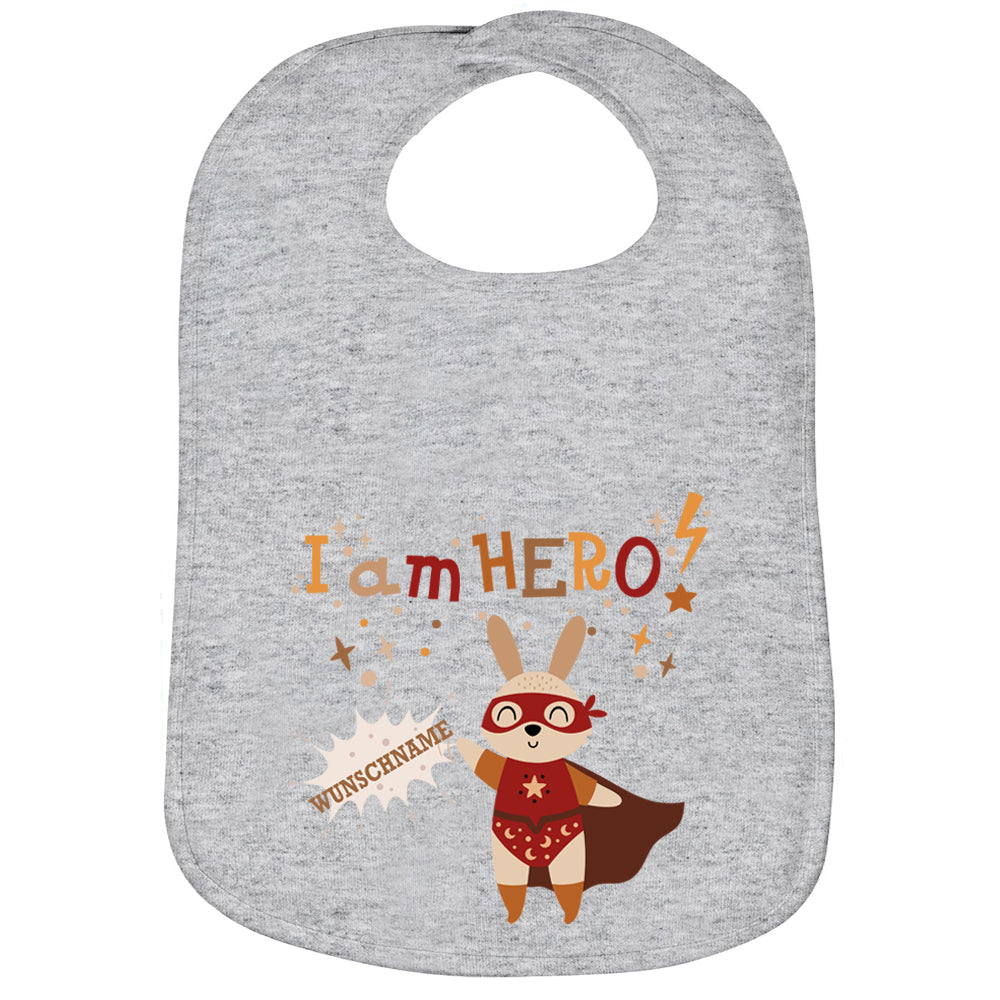 Personalisiertes Lätzchen aus 100% Baumwolle Babylätzchen doppellagiger weicher Stoff 38cm lang Motiv Hero Hase