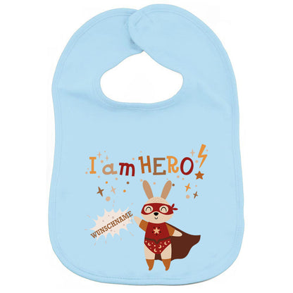 Personalisiertes Lätzchen aus 100% Baumwolle Babylätzchen doppellagiger weicher Stoff 38cm lang Motiv Hero Hase