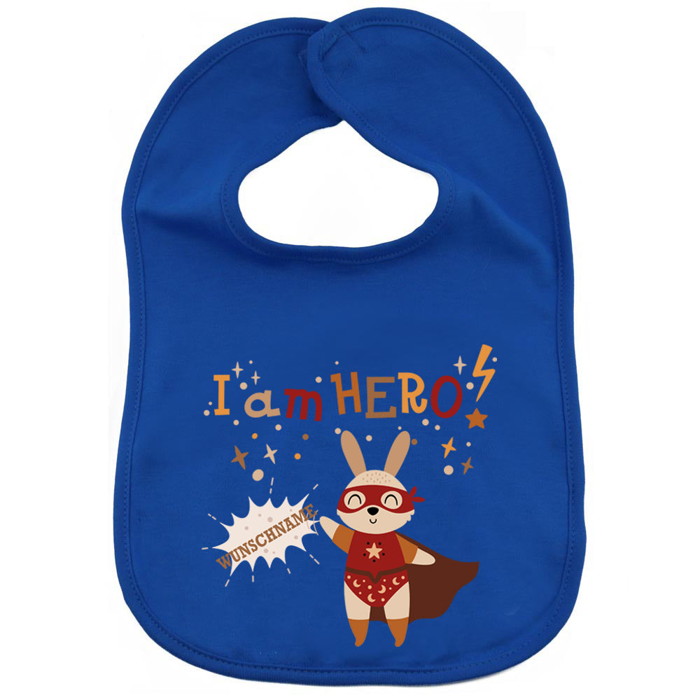 Personalisiertes Lätzchen aus 100% Baumwolle Babylätzchen doppellagiger weicher Stoff 38cm lang Motiv Hero Hase