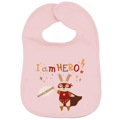 Personalisiertes Lätzchen aus 100% Baumwolle Babylätzchen doppellagiger weicher Stoff 38cm lang Motiv Hero Hase