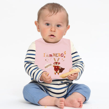 Personalisiertes Lätzchen aus 100% Baumwolle Babylätzchen doppellagiger weicher Stoff 38cm lang Motiv Hero Hase