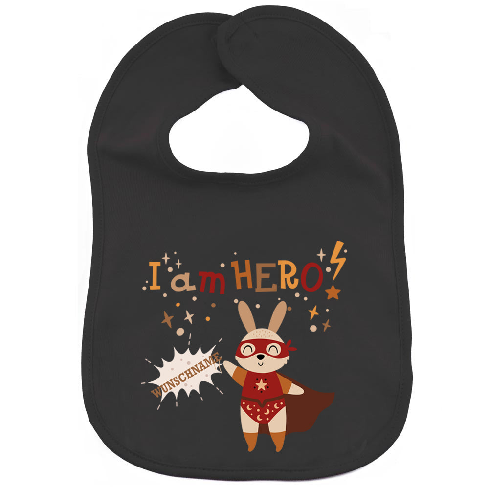 Personalisiertes Lätzchen aus 100% Baumwolle Babylätzchen doppellagiger weicher Stoff 38cm lang Motiv Hero Hase