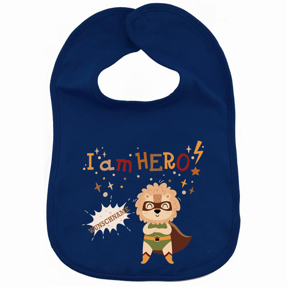 Personalisiertes Lätzchen aus 100% Baumwolle Babylätzchen doppellagiger weicher Stoff 38cm lang Motiv Hero Löwe