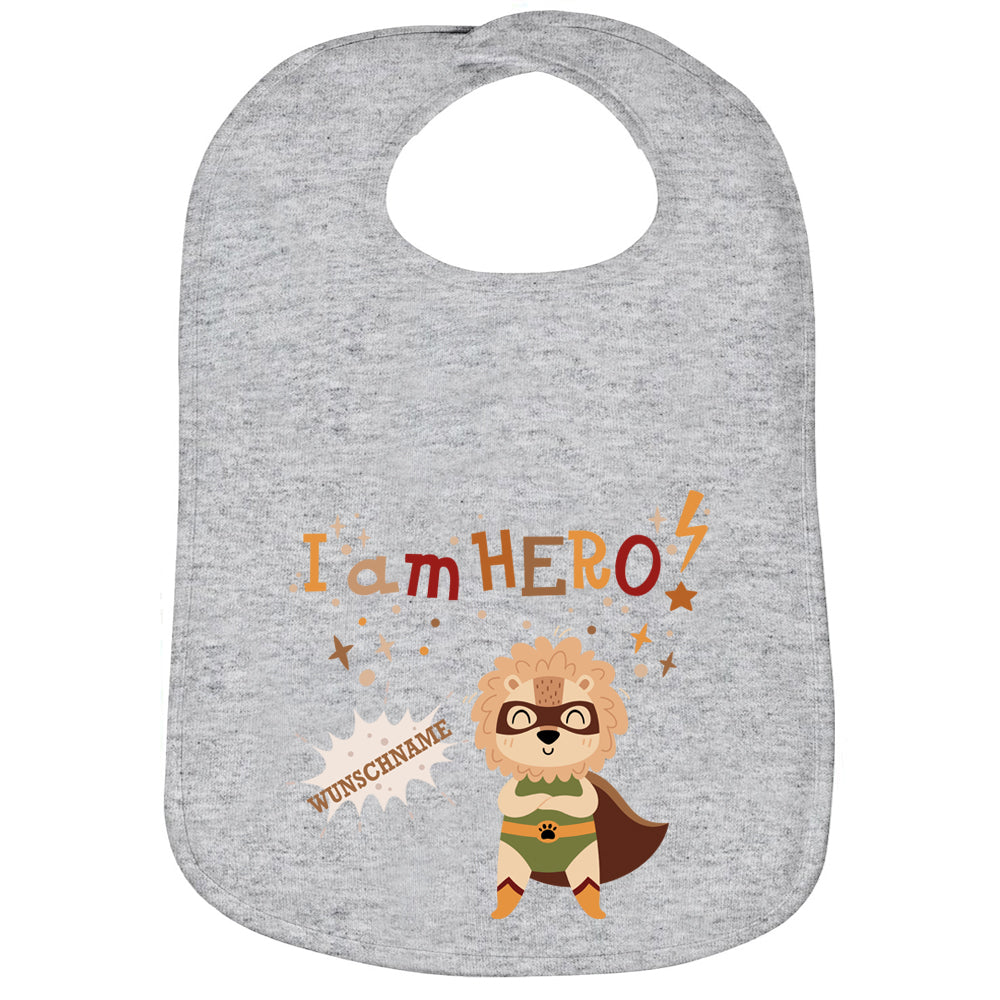 Personalisiertes Lätzchen aus 100% Baumwolle Babylätzchen doppellagiger weicher Stoff 38cm lang Motiv Hero Löwe