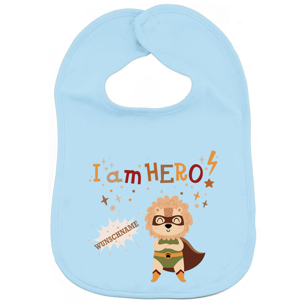 Personalisiertes Lätzchen aus 100% Baumwolle Babylätzchen doppellagiger weicher Stoff 38cm lang Motiv Hero Löwe