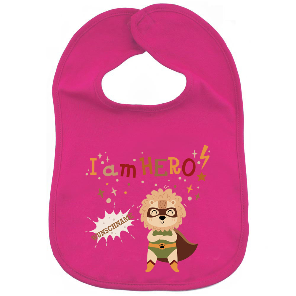 Personalisiertes Lätzchen aus 100% Baumwolle Babylätzchen doppellagiger weicher Stoff 38cm lang Motiv Hero Löwe
