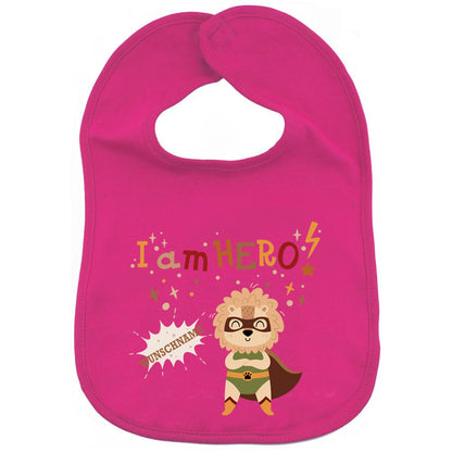 Personalisiertes Lätzchen aus 100% Baumwolle Babylätzchen doppellagiger weicher Stoff 38cm lang Motiv Hero Löwe
