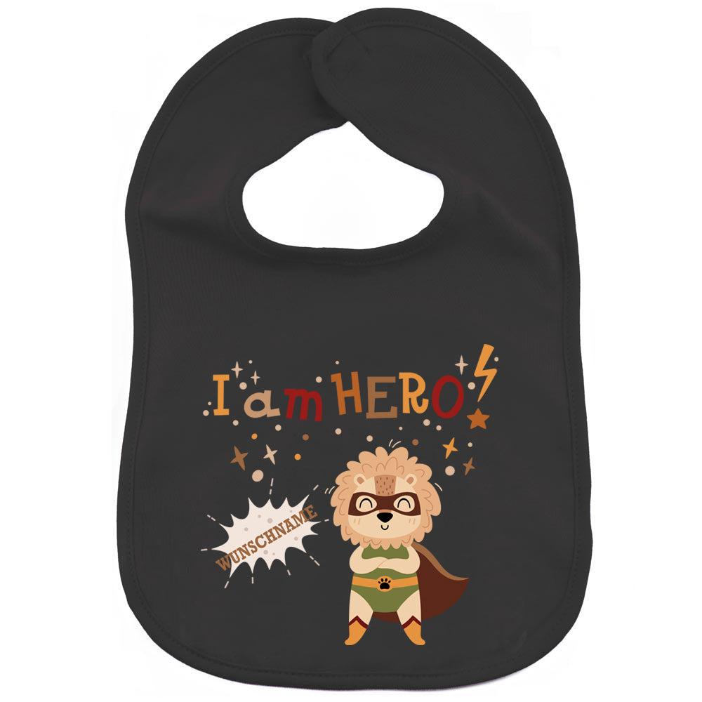 Personalisiertes Lätzchen aus 100% Baumwolle Babylätzchen doppellagiger weicher Stoff 38cm lang Motiv Hero Löwe