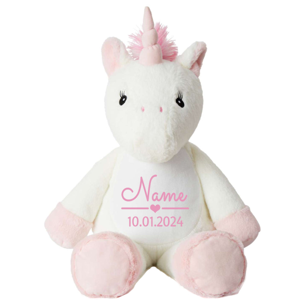 Stofftier Einhorn mit Name personalisiert Kuscheltier für Kinder Flauschiges Plüschtier 40cm Motiv Name und Datum